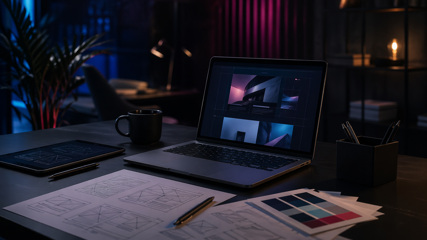 Premium design studio workspace με laptop, wireframes και website mockup.