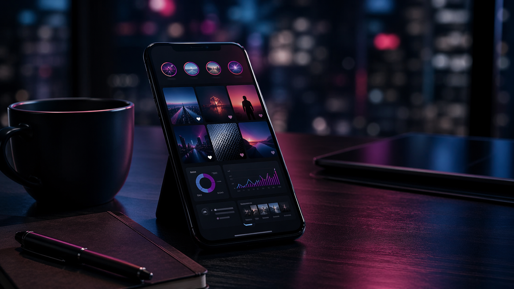 Premium social media workspace με smartphone, analytics και cinematic lighting.